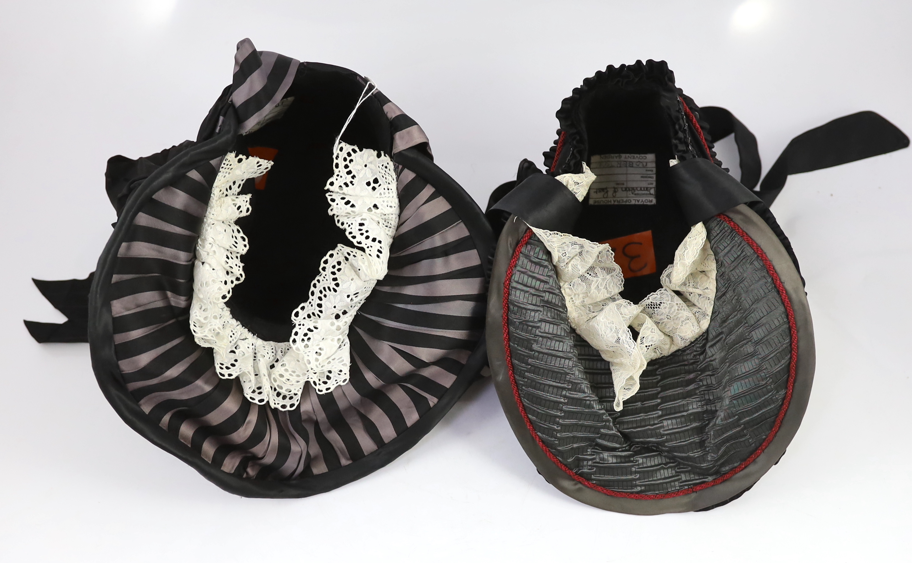 Two lady's Victorian style bonnets, silver and black striped and the other silver black with jet trim. Ex Royal Opera House 'The Damnation of Faust'